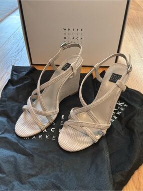 White House Black Market Light Beige/Gray Strappy Wedge Sandals, Size 7.5